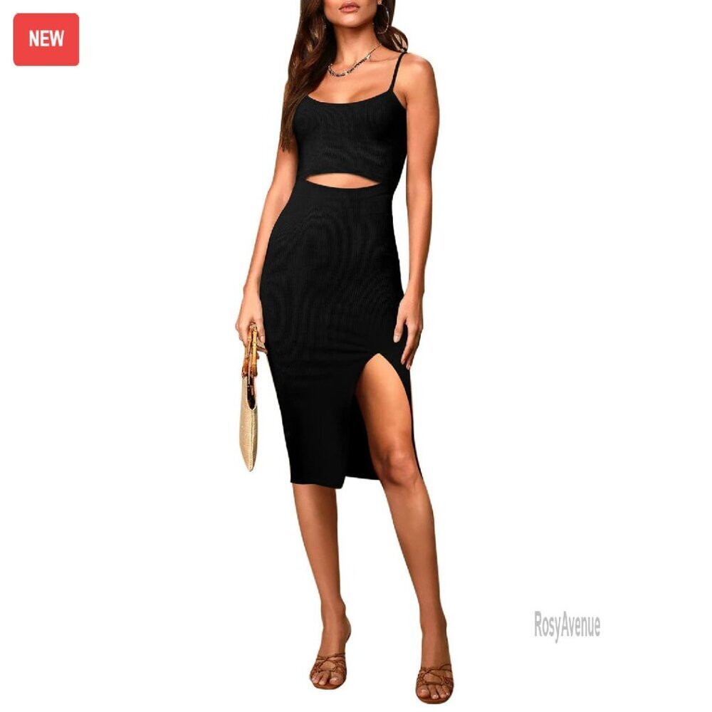Spaghetti Strap Cutout Side Slit Ribbed Bodycon Midi Dress